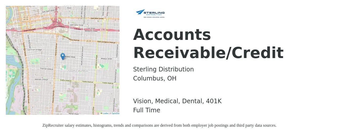 Sterling Distribution job posting for a Accounts Receivable/Credit in Columbus, OH with a salary of $20 to $26 Hourly and benefits including medical, vision, 401k, dental, and life_insurance with a map of Columbus location.