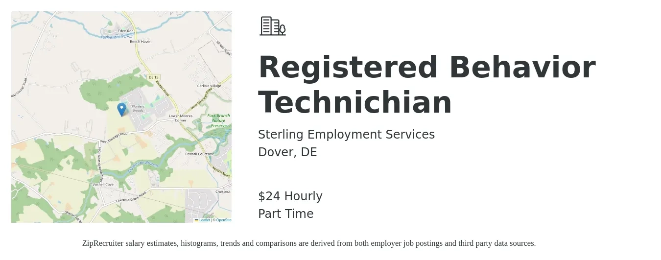 Sterling Employment Services job posting for a Registered Behavior Technichian in Dover, DE with a salary of $26 Hourly with a map of Dover location.