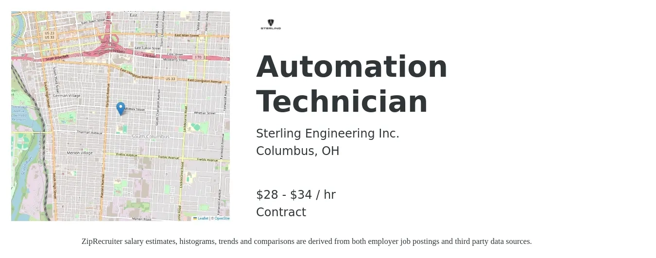 Sterling Engineering Inc. job posting for a Automation Technician in Columbus, OH with a salary of $30 to $36 Hourly with a map of Columbus location.
