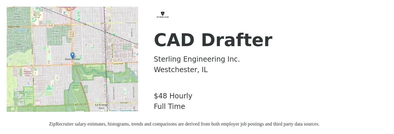 Sterling Engineering Inc. job posting for a CAD Drafter in Westchester, IL with a salary of $50 Hourly with a map of Westchester location.