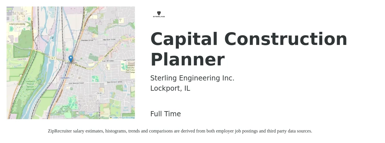 Sterling Engineering Inc. job posting for a Capital Construction Planner in Lockport, IL with a salary of $54,200 to $81,200 Yearly with a map of Lockport location.
