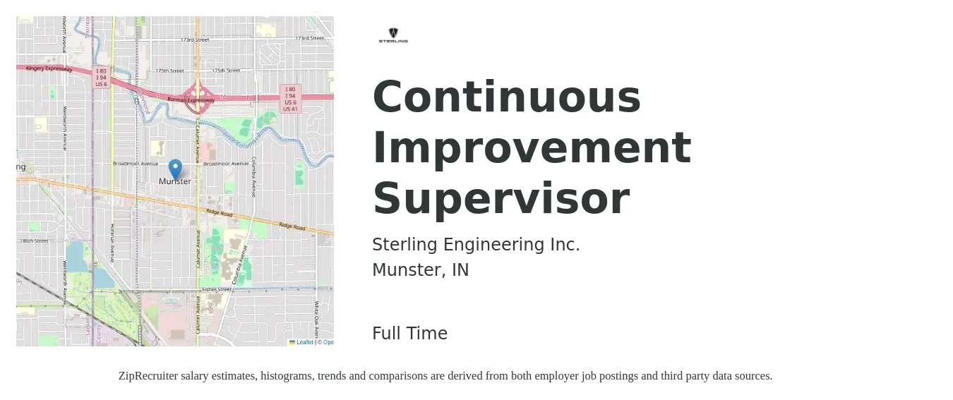 Sterling Engineering Inc. job posting for a Continuous Improvement Supervisor in Munster, IN with a salary of $92,200 to $123,900 Yearly with a map of Munster location.