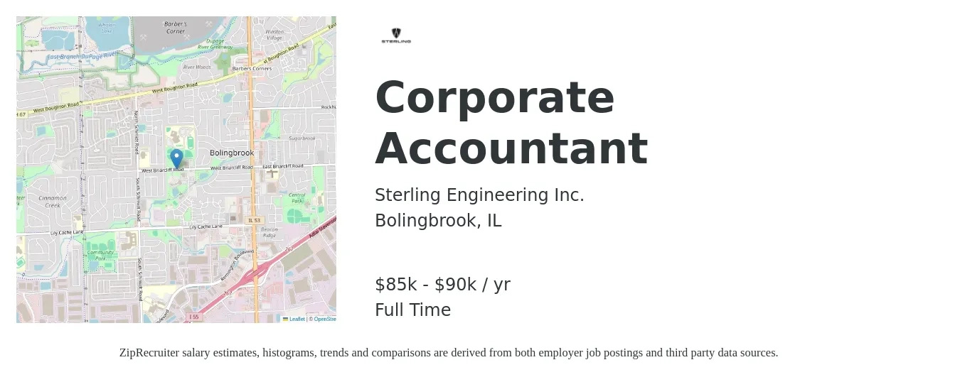 Sterling Engineering Inc. job posting for a Corporate Accountant in Bolingbrook, IL with a salary of $85,000 to $90,000 Yearly with a map of Bolingbrook location.