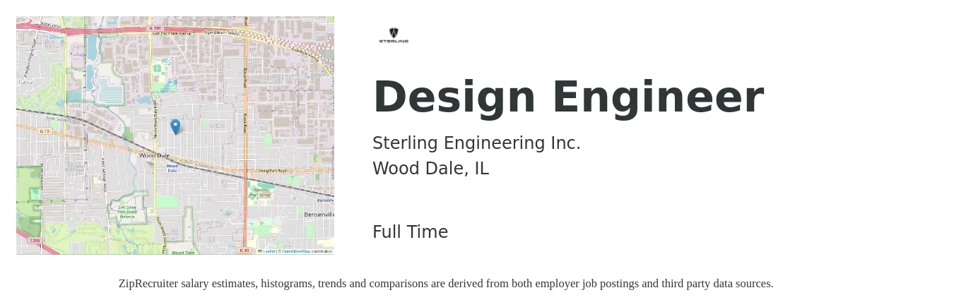 Sterling Engineering Inc. job posting for a Design Engineer in Wood Dale, IL with a salary of $67,700 to $98,100 Yearly with a map of Wood Dale location.