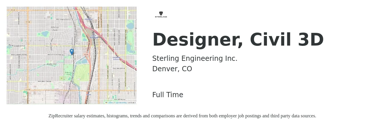 Sterling Engineering Inc. job posting for a Designer, Civil 3D in Denver, CO with a salary of $21 to $38 Hourly with a map of Denver location.