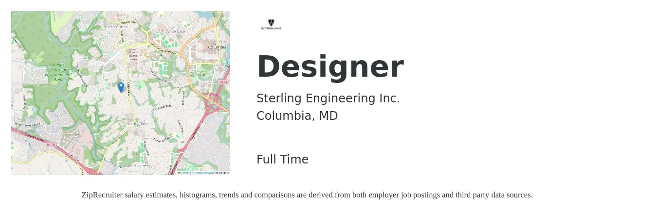 Sterling Engineering Inc. job posting for a Designer in Columbia, MD with a salary of $57,600 to $108,200 Yearly with a map of Columbia location.