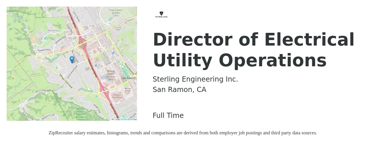 Sterling Engineering Inc. job posting for a Director of Electrical Utility Operations in San Ramon, CA with a salary of $84,400 to $151,400 Yearly with a map of San Ramon location.