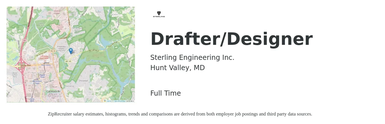 Sterling Engineering Inc. job posting for a Drafter/Designer in Hunt Valley, MD with a salary of $22 to $32 Hourly with a map of Hunt Valley location.