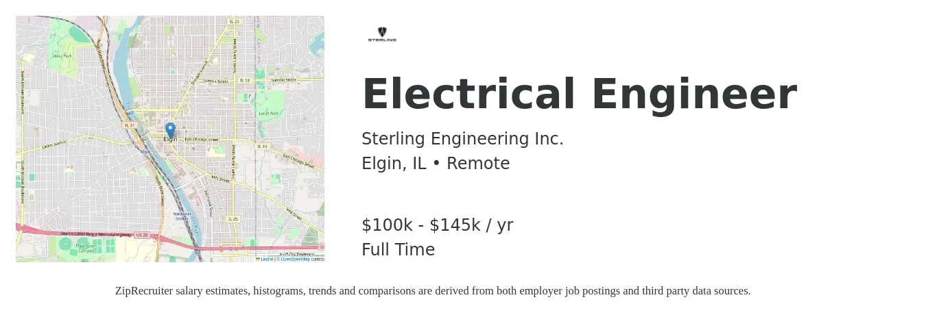 Sterling Engineering Inc. job posting for a Electrical Engineer in Elgin, IL with a salary of $85,000 to $95,000 Yearly with a map of Elgin location.