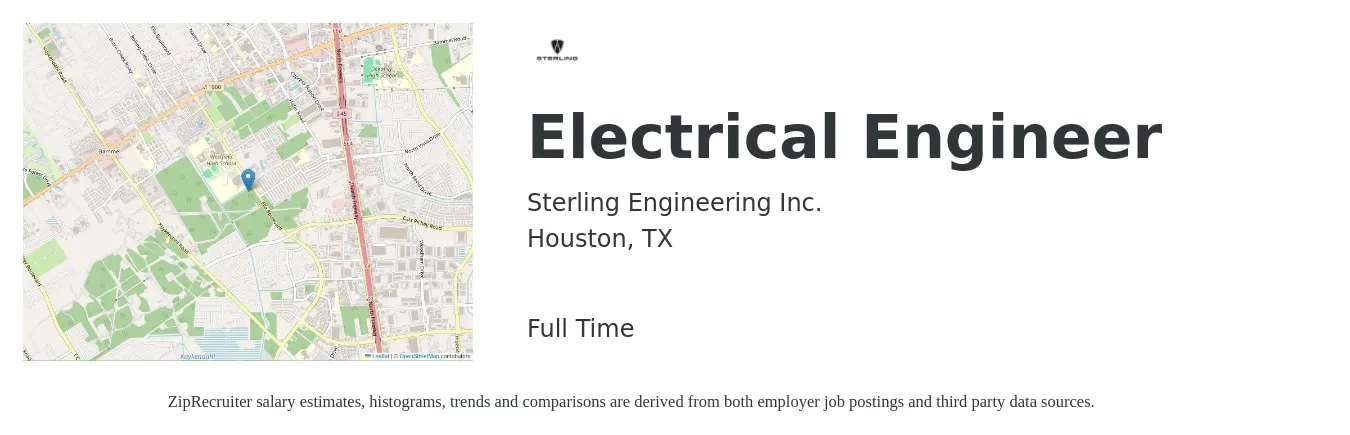 Sterling Engineering Inc. job posting for a Electrical Engineer in Houston, TX with a salary of $79,300 to $126,100 Yearly with a map of Houston location.