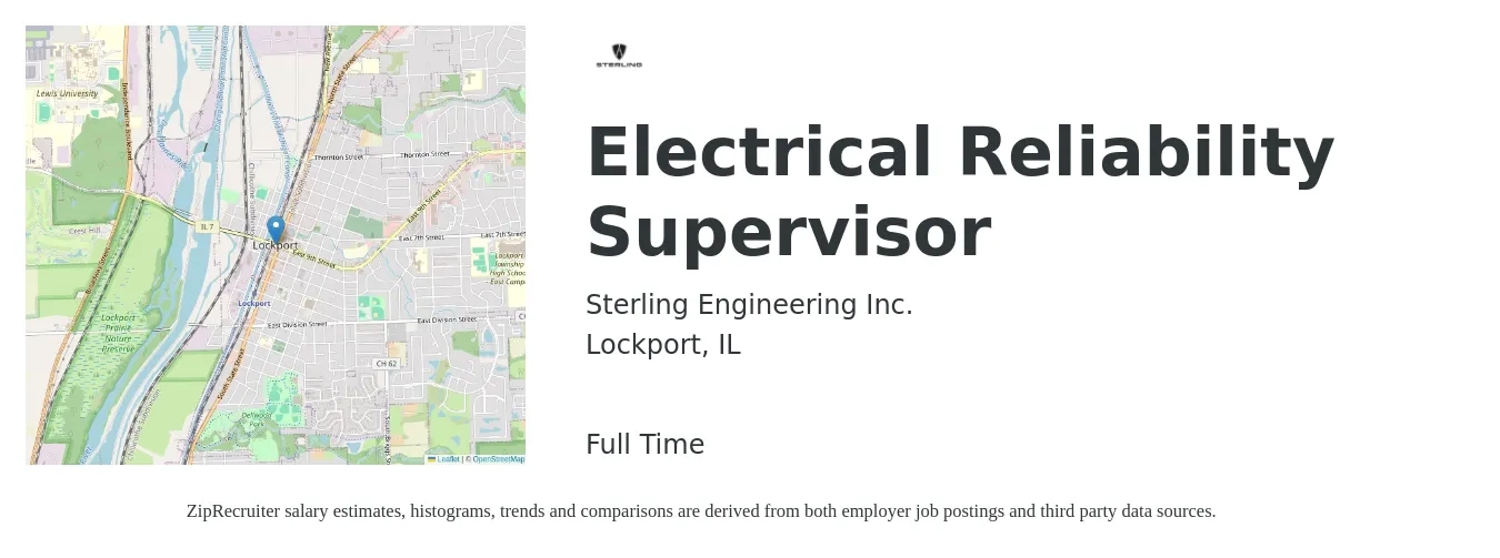Sterling Engineering Inc. job posting for a Electrical Reliability Supervisor in Lockport, IL with a salary of $32 to $48 Hourly with a map of Lockport location.