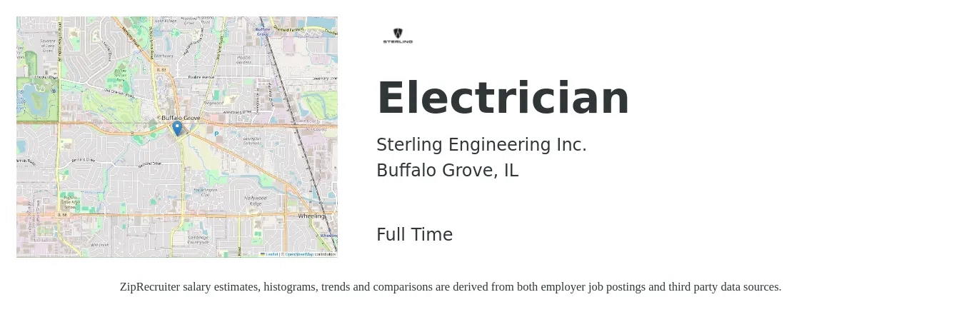 Sterling Engineering Inc. job posting for a Electrician in Buffalo Grove, IL with a salary of $26 to $35 Hourly with a map of Buffalo Grove location.