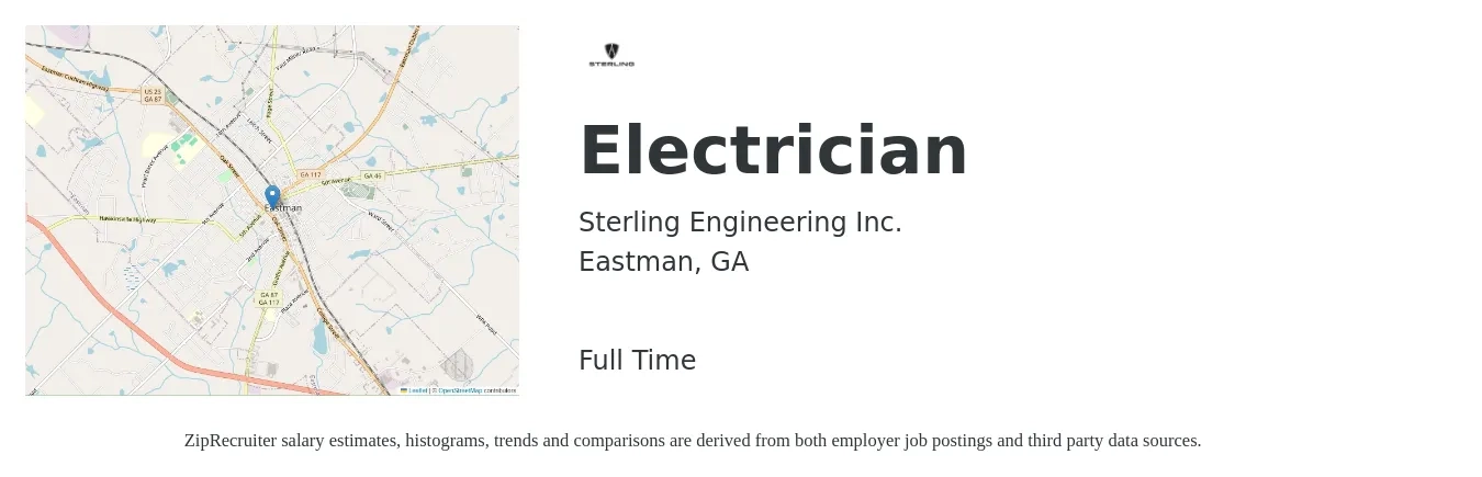 Sterling Engineering Inc. job posting for a Electrician in Eastman, GA with a salary of $20 to $28 Hourly with a map of Eastman location.