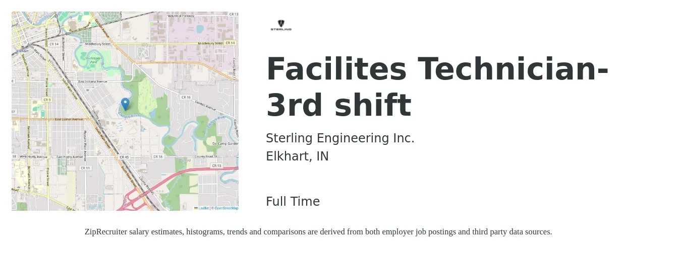 Sterling Engineering Inc. job posting for a Facilites Technician-3rd shift in Elkhart, IN with a salary of $19 to $26 Hourly with a map of Elkhart location.