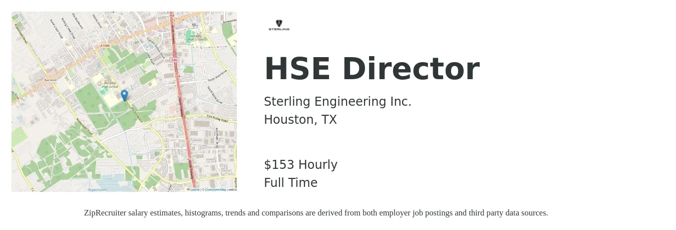 Sterling Engineering Inc. job posting for a HSE Director in Houston, TX with a salary of $160 Hourly with a map of Houston location.