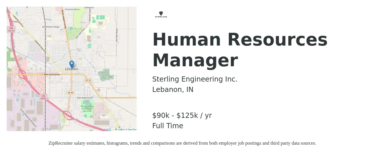 Sterling Engineering Inc. job posting for a Human Resources Manager in Lebanon, IN with a salary of $90,000 to $125,000 Yearly with a map of Lebanon location.