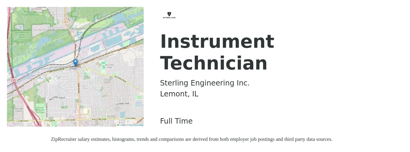 Sterling Engineering Inc. job posting for a Instrument Technician in Lemont, IL with a salary of $24 to $38 Hourly with a map of Lemont location.