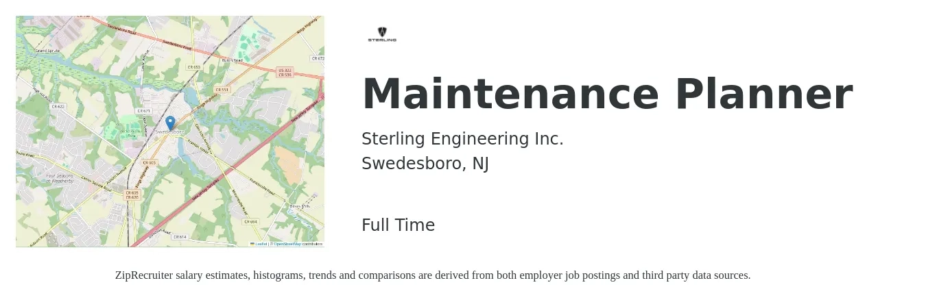 Sterling Engineering Inc. job posting for a Maintenance Planner in Swedesboro, NJ with a salary of $28 to $44 Hourly with a map of Swedesboro location.
