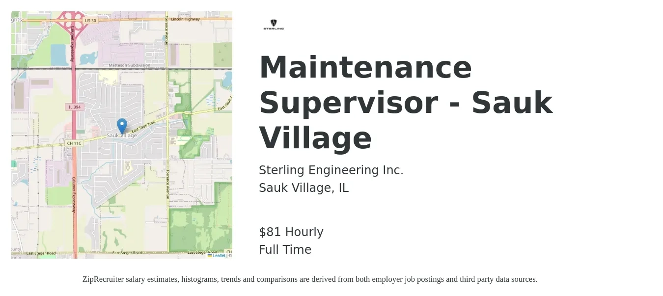 Sterling Engineering Inc. job posting for a Maintenance Supervisor - Sauk Village in Sauk Village, IL with a salary of $85 Hourly with a map of Sauk Village location.