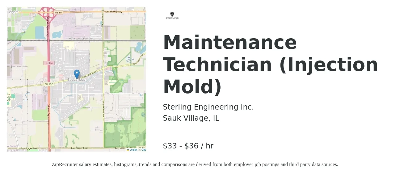 Sterling Engineering Inc. job posting for a Maintenance Technician (Injection Mold) in Sauk Village, IL with a salary of $35 to $38 Hourly with a map of Sauk Village location.