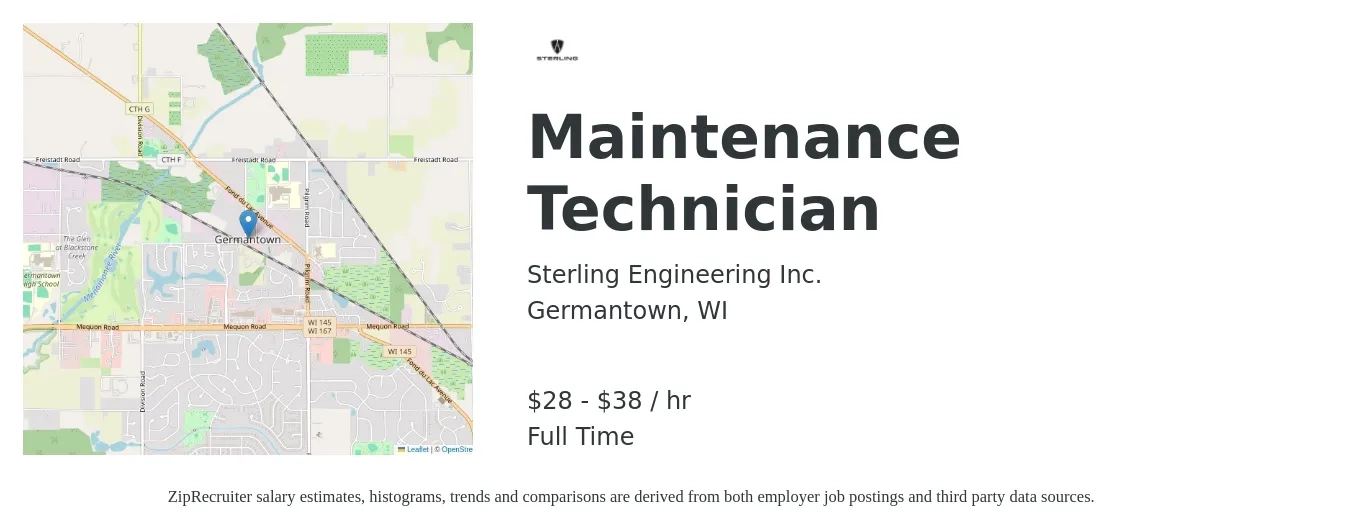 Sterling Engineering Inc. job posting for a Maintenance Technician in Germantown, WI with a salary of $30 to $40 Hourly with a map of Germantown location.