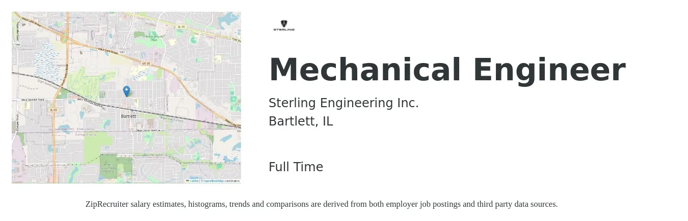 Sterling Engineering Inc. job posting for a Mechanical Engineer in Bartlett, IL with a salary of $80,600 to $125,100 Yearly with a map of Bartlett location.