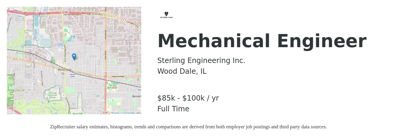Sterling Engineering Inc. job posting for a Mechanical Engineer in Wood Dale, IL with a salary of $85,000 to $100,000 Yearly with a map of Wood Dale location.