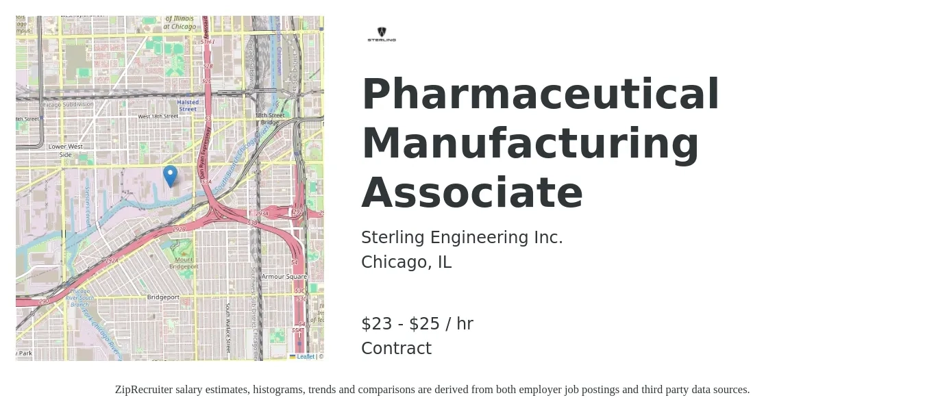 Sterling Engineering Inc. job posting for a Pharmaceutical Manufacturing Associate in Chicago, IL with a salary of $27 Hourly with a map of Chicago location.