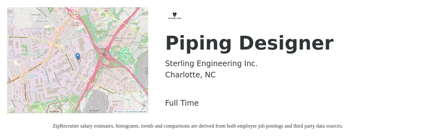 Sterling Engineering Inc. job posting for a Piping Designer in Charlotte, NC with a salary of $43 to $62 Hourly with a map of Charlotte location.