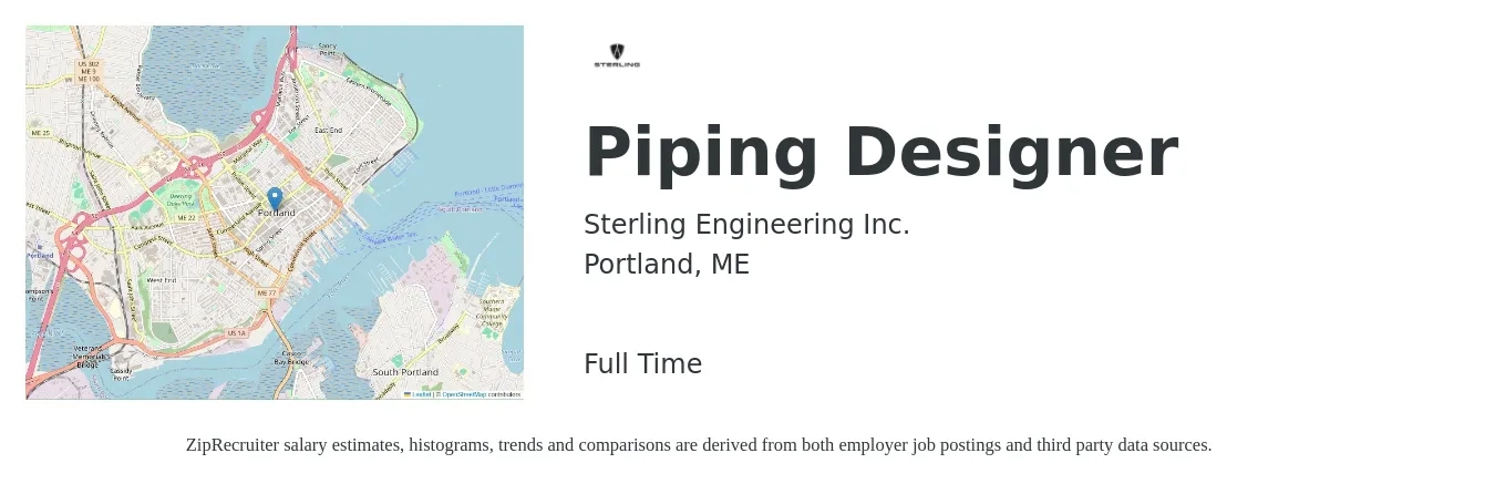Sterling Engineering Inc. job posting for a Piping Designer in Portland, ME with a salary of $45 to $65 Hourly with a map of Portland location.