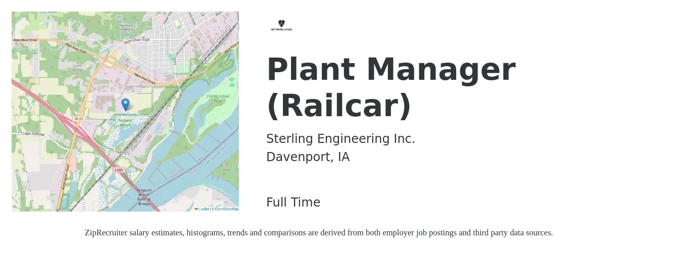 Sterling Engineering Inc. job posting for a Plant Manager (Railcar) in Davenport, IA with a salary of $86,300 to $133,300 Yearly with a map of Davenport location.