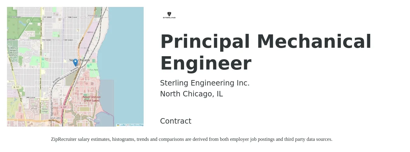 Sterling Engineering Inc. job posting for a Principal Mechanical Engineer in North Chicago, IL with a salary of $130,800 to $150,000 Yearly with a map of North Chicago location.