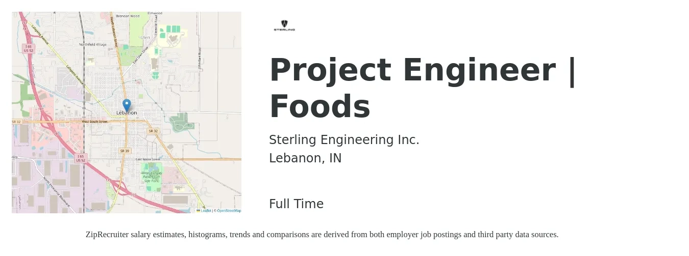 Sterling Engineering Inc. job posting for a Project Engineer | Foods in Lebanon, IN with a salary of $70,900 to $99,100 Yearly with a map of Lebanon location.