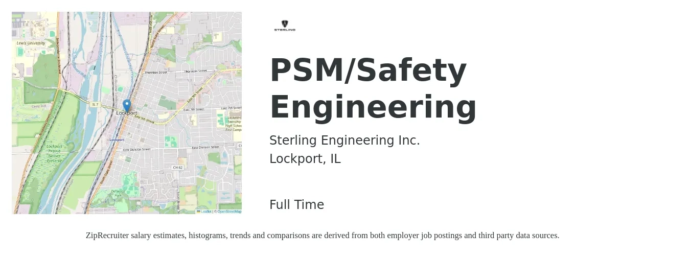 Sterling Engineering Inc. job posting for a PSM/Safety Engineering in Lockport, IL with a salary of $99,300 to $129,400 Yearly with a map of Lockport location.