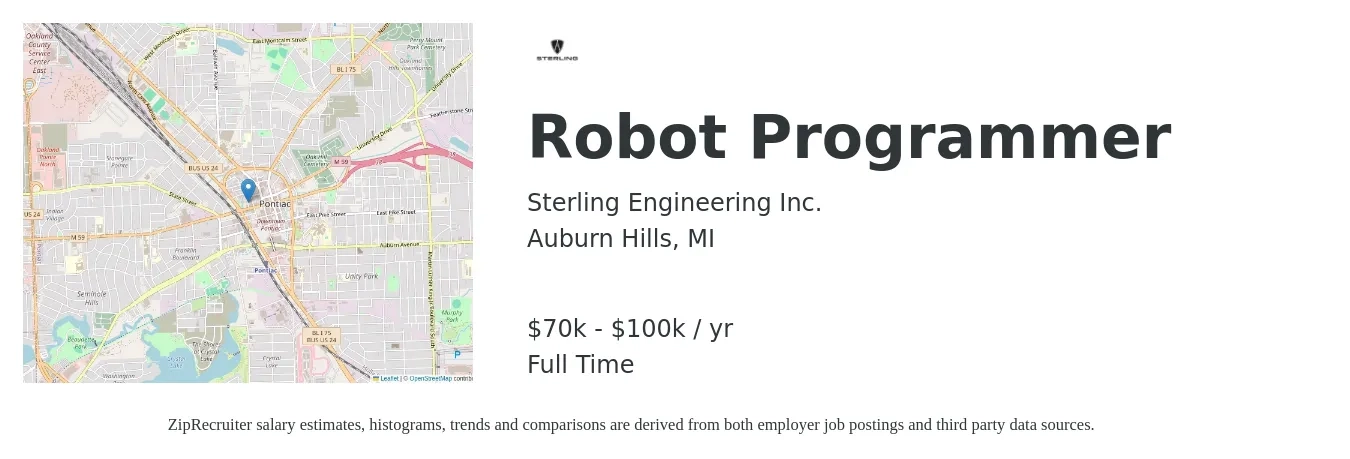 Sterling Engineering Inc. job posting for a Robot Programmer in Auburn Hills, MI with a salary of $70,000 to $100,000 Yearly with a map of Auburn Hills location.