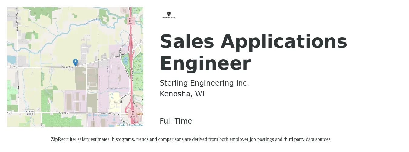 Sterling Engineering, Inc. job posting for a Sales Applications Engineer in Kenosha, WI with a salary of $101,600 to $125,500 Yearly with a map of Kenosha location.