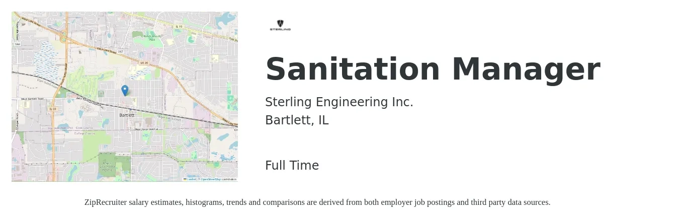 Sterling Engineering Inc. job posting for a Sanitation Manager in Bartlett, IL with a salary of $48,500 to $73,200 Yearly with a map of Bartlett location.