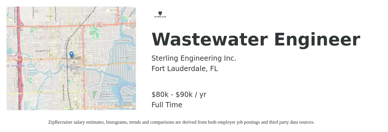 Sterling Engineering Inc. job posting for a Wastewater Engineer in Fort Lauderdale, FL with a salary of $80,000 to $90,000 Yearly with a map of Fort Lauderdale location.
