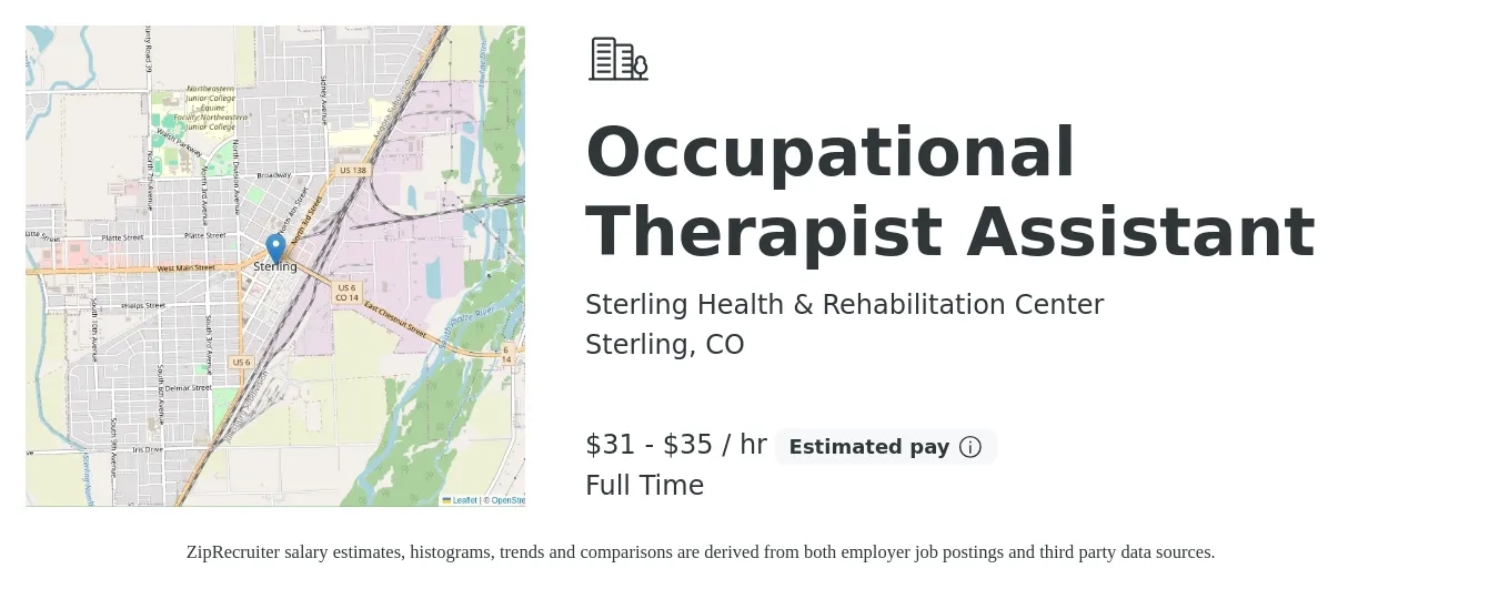 Sterling Health & Rehabilitation Center job posting for a Occupational Therapist Assistant in Sterling, CO with a salary of $33 to $37 Hourly with a map of Sterling location.