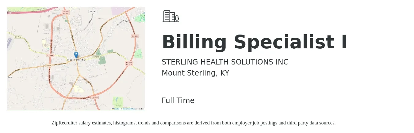 STERLING HEALTH SOLUTIONS INC job posting for a Billing Specialist I in Mount Sterling, KY with a salary of $16 to $22 Hourly with a map of Mount Sterling location.