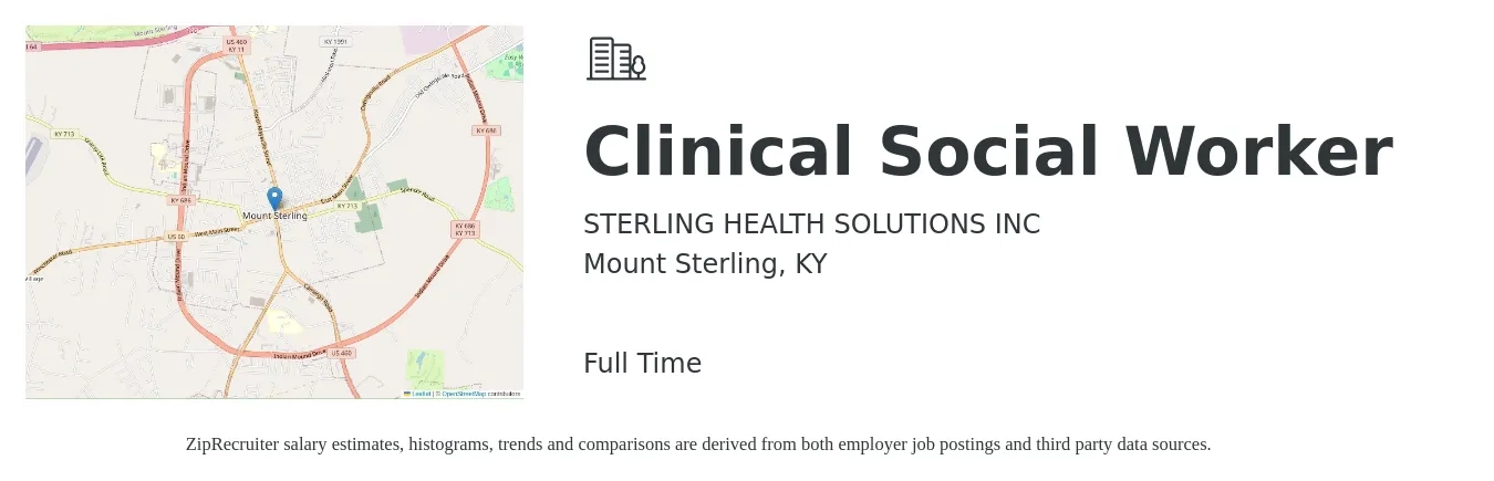 STERLING HEALTH SOLUTIONS INC job posting for a Clinical Social Worker in Mount Sterling, KY with a salary of $59,500 to $92,500 Yearly with a map of Mount Sterling location.