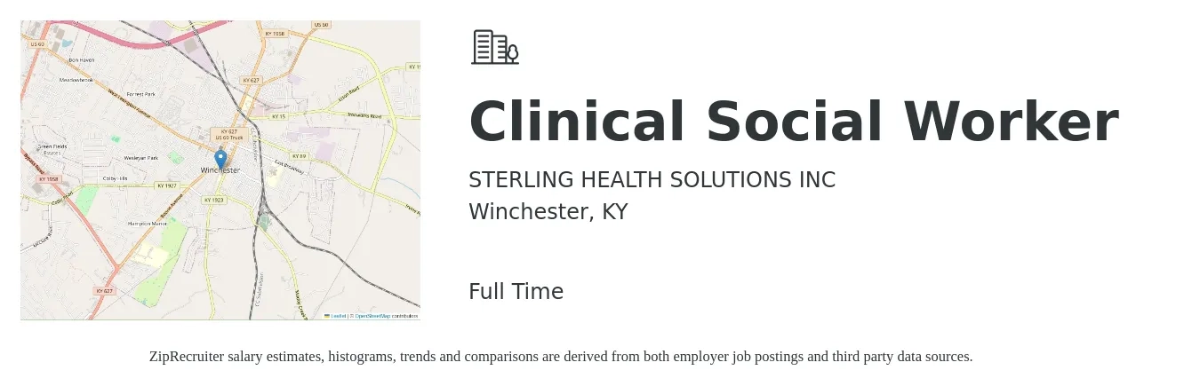 STERLING HEALTH SOLUTIONS INC job posting for a Clinical Social Worker in Winchester, KY with a salary of $62,200 to $96,700 Yearly with a map of Winchester location.