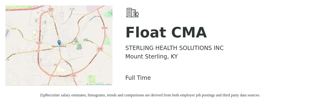STERLING HEALTH SOLUTIONS INC job posting for a Float CMA in Mount Sterling, KY with a salary of $14 to $18 Hourly with a map of Mount Sterling location.
