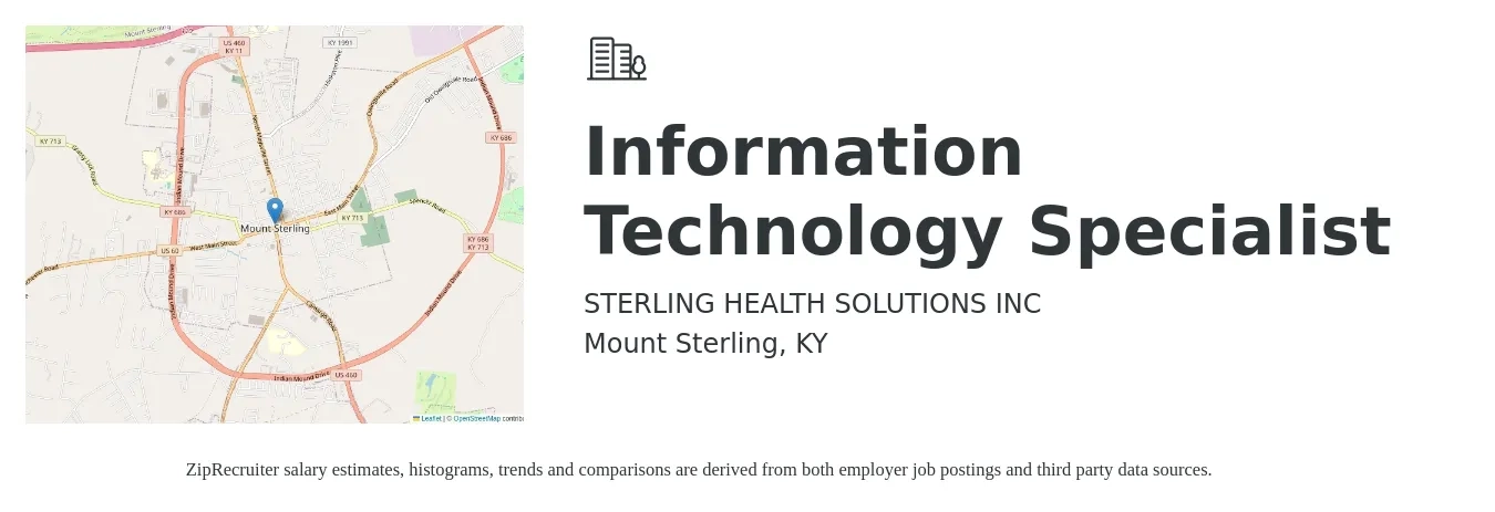 STERLING HEALTH SOLUTIONS INC job posting for a Information Technology Specialist in Mount Sterling, KY with a salary of $38,400 to $92,100 Yearly with a map of Mount Sterling location.