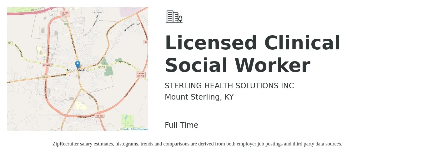 STERLING HEALTH SOLUTIONS INC job posting for a Licensed Clinical Social Worker in Mount Sterling, KY with a salary of $59,500 to $92,500 Yearly with a map of Mount Sterling location.