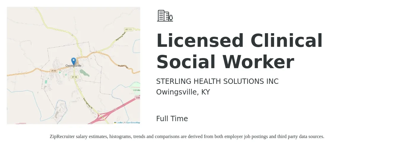 STERLING HEALTH SOLUTIONS INC job posting for a Licensed Clinical Social Worker in Owingsville, KY with a salary of $58,500 to $91,100 Yearly with a map of Owingsville location.