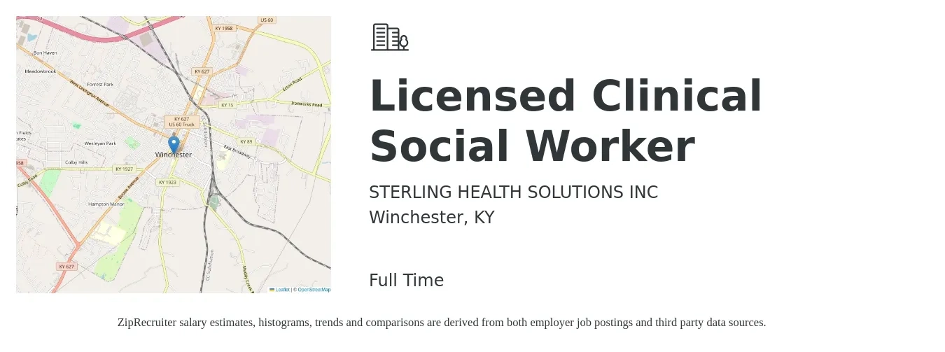 STERLING HEALTH SOLUTIONS INC job posting for a Licensed Clinical Social Worker in Winchester, KY with a salary of $62,200 to $96,700 Yearly with a map of Winchester location.