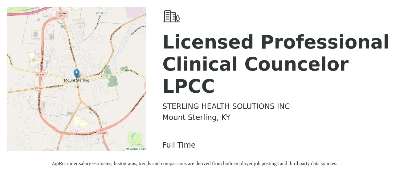 STERLING HEALTH SOLUTIONS INC job posting for a Licensed Professional Clinical Councelor LPCC in Mount Sterling, KY with a salary of $51,200 to $82,600 Yearly with a map of Mount Sterling location.