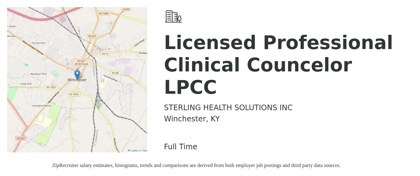 STERLING HEALTH SOLUTIONS INC job posting for a Licensed Professional Clinical Councelor LPCC in Winchester, KY with a salary of $53,600 to $86,400 Yearly with a map of Winchester location.