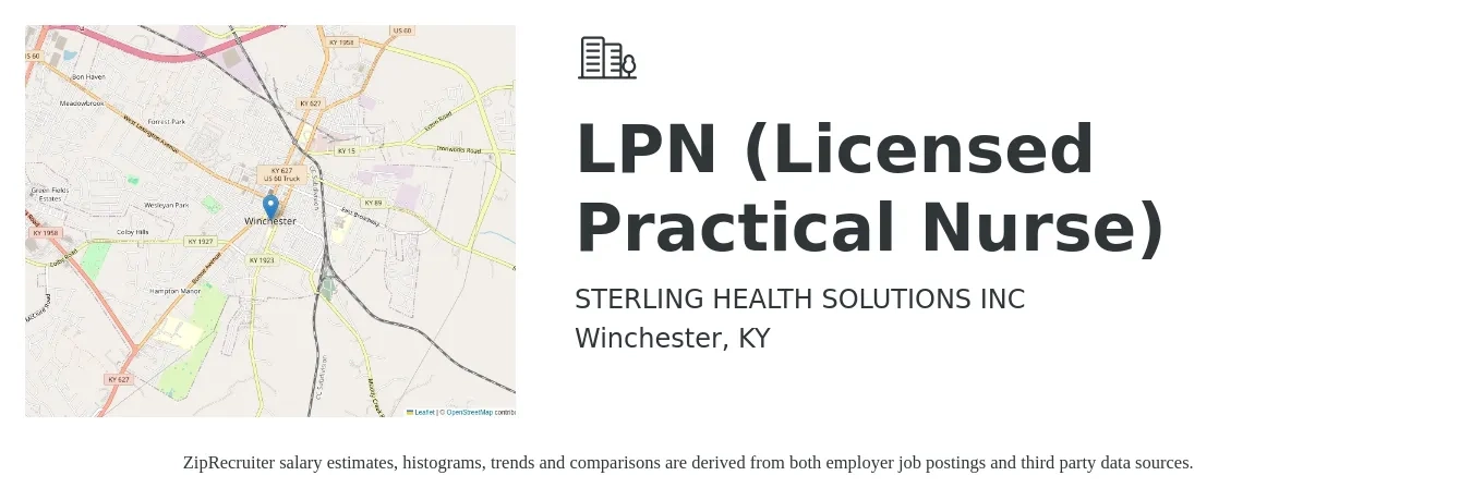Sterling Health Solutions job posting for a LPN (Licensed Practical Nurse) in Winchester, KY with a salary of $22 to $30 Hourly with a map of Winchester location.